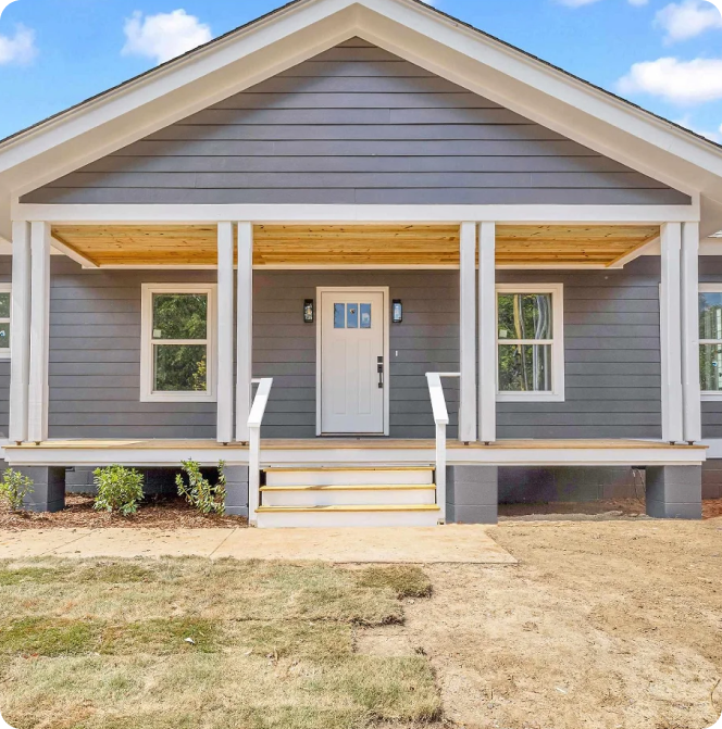 Front of a grey painted home.